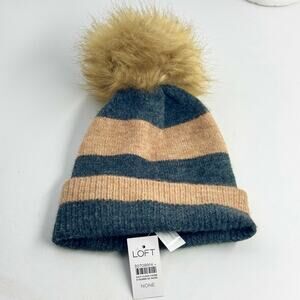 LOFT Winter Hat Gray Tan Striped Knit Cap Beanie with Fur Pom Pom NEW W TAGS